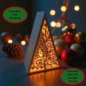 Pyramid Christmas Tree Lantern Tealight Holder w/Tealight LED Candle White